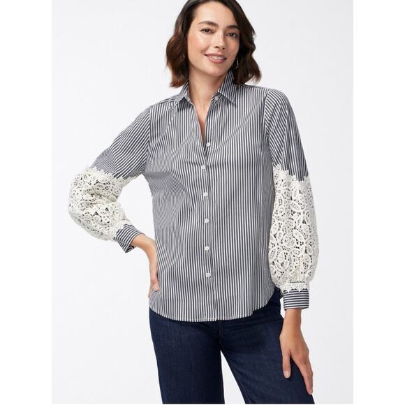 Chico's Poplin Stripe Crochet Puff Sleeve Button Front Shirt Top Blouse sz 10 US - Picture 3 of 10